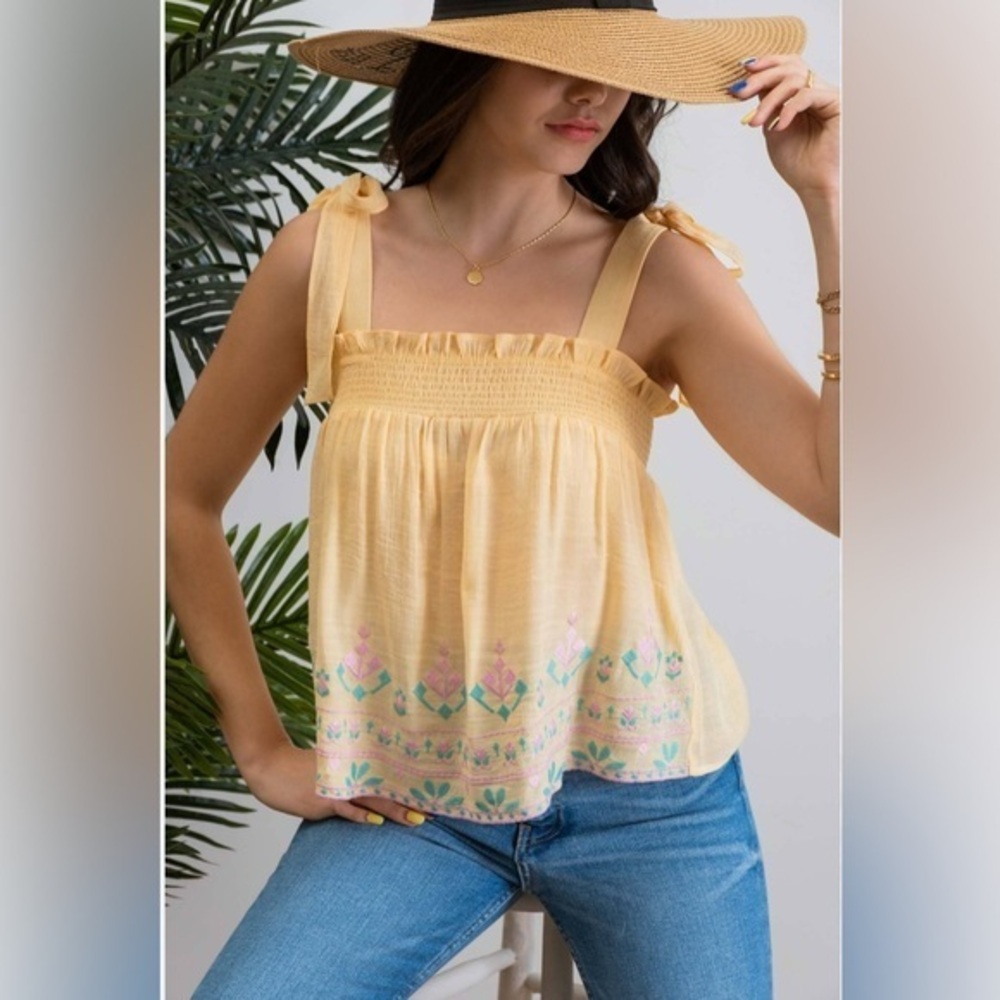 Perch Blu Pepper Yellow Smocked Tie Embroidered Top NWT 1XL 2XL #1949-50